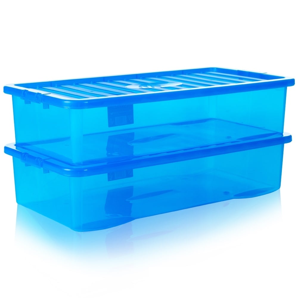 Pack of 2 - 42 Litre Crystal Under Bed Plastic Storage Boxes with Lids