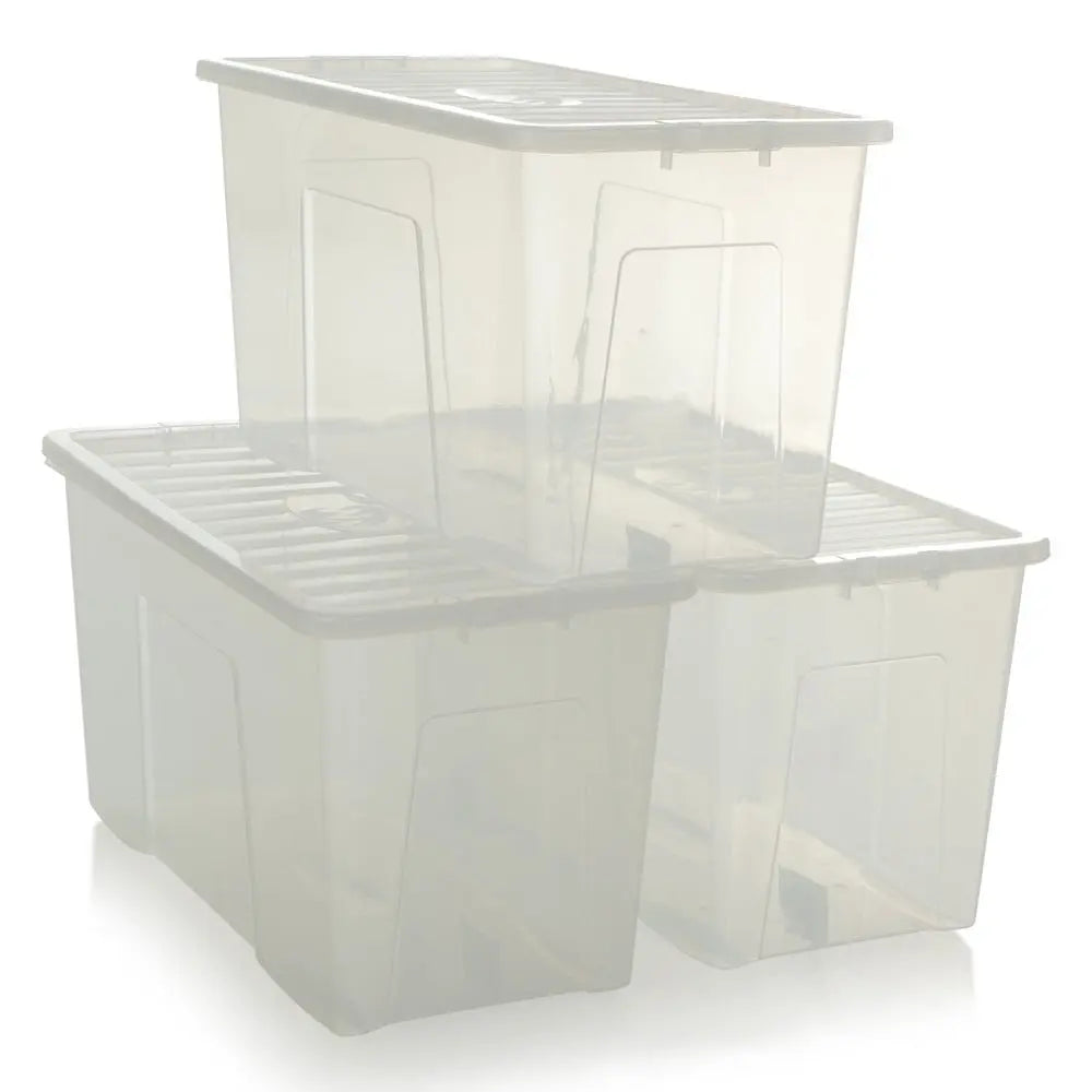 Pack 3 110 Litre Crystal Plastic Boxes Lids