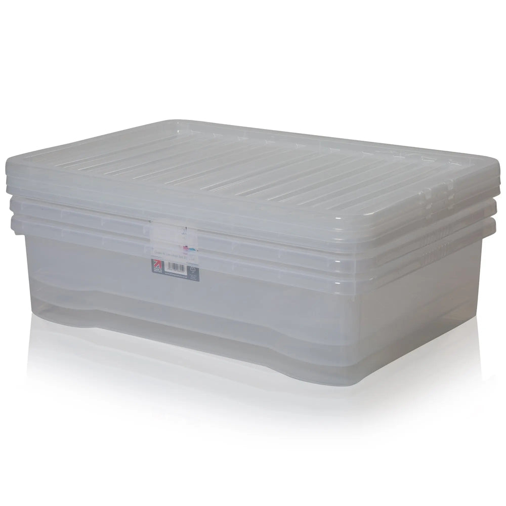 Pack of 3 - 46 Litre Crystal Plastic Storage Box with Lid Wham Storage