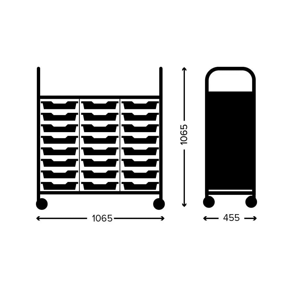 Callero Plus Treble Column Silver Trolley with 24 Shallow Trays Gratnells