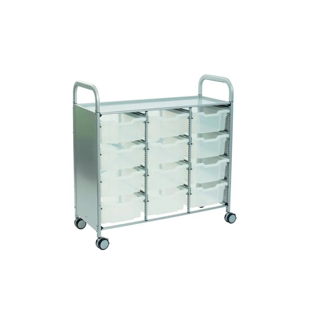 Callero Plus Treble Column Silver Trolley with 12 Deep Trays Gratnells