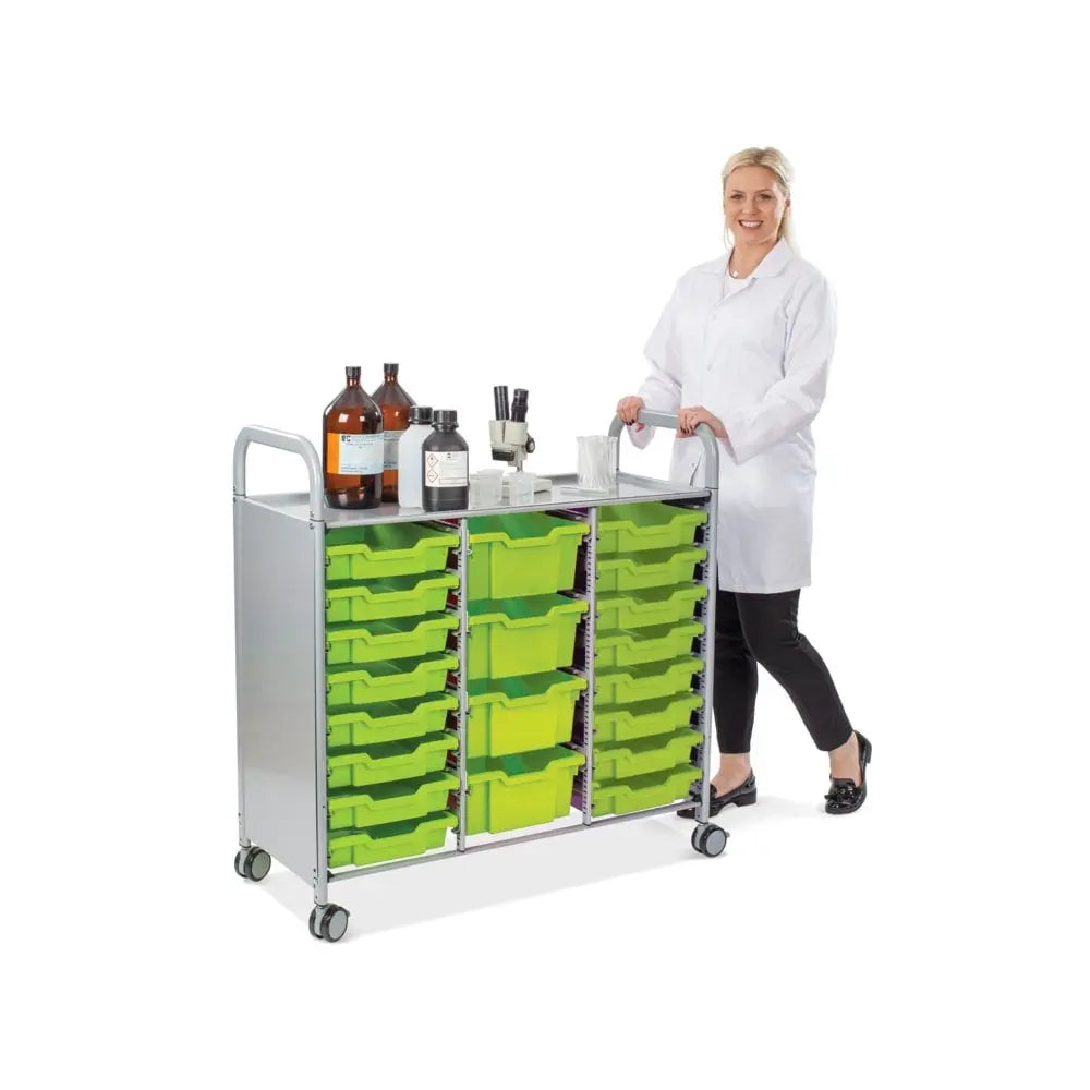 Callero Plus Treble Column Silver Trolley with 16 Shallow & 4 Deep Trays Gratnells