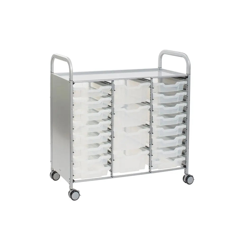 Callero Plus Treble Column Silver Trolley with 16 Shallow & 4 Deep Trays Gratnells