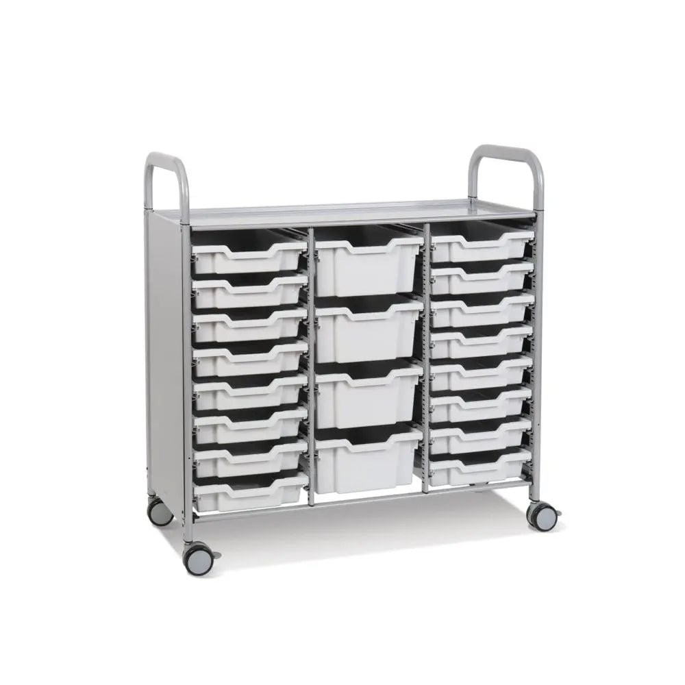 Callero Plus Treble Column Silver Trolley with 16 Shallow & 4 Deep Trays Gratnells