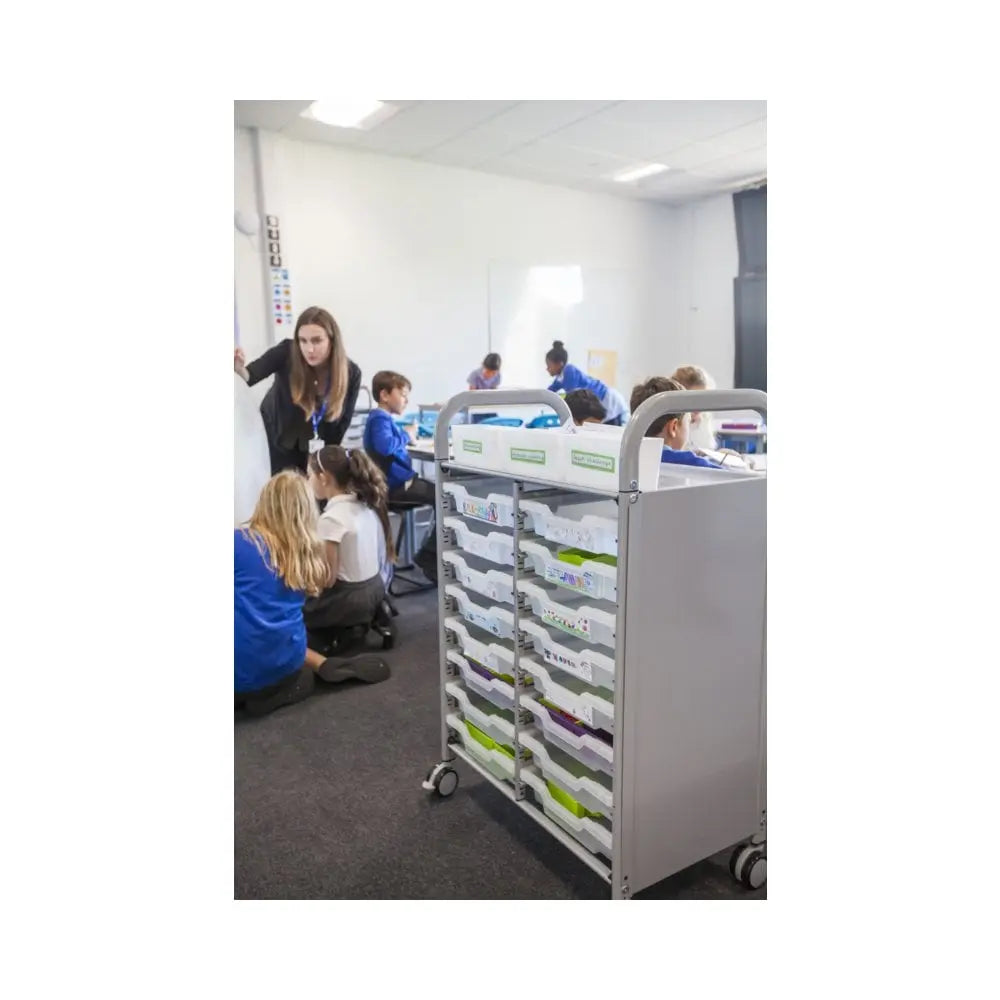 Callero Plus Double Column Silver Trolley with 16 Shallow Trays Gratnells