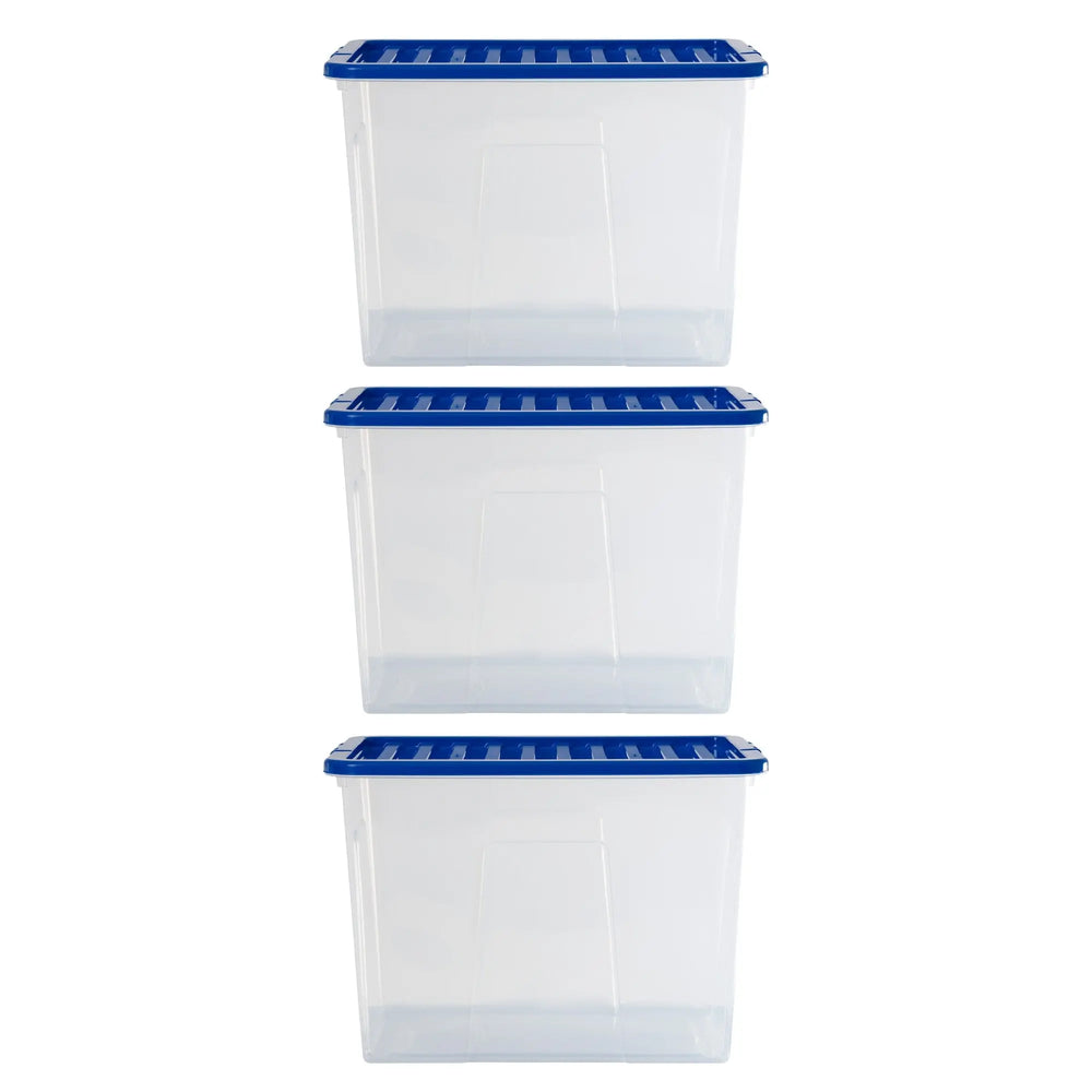 Pack of 3 - 80 Litre Crystal Boxes with Coloured Lids Wham Storage