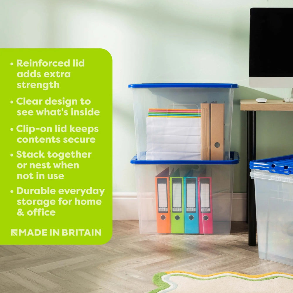 Pack of 3 - 80 Litre Crystal Boxes with Coloured Lids Wham Storage