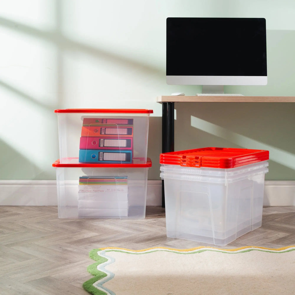 Pack of 3 - 80 Litre Crystal Boxes with Coloured Lids Wham Storage