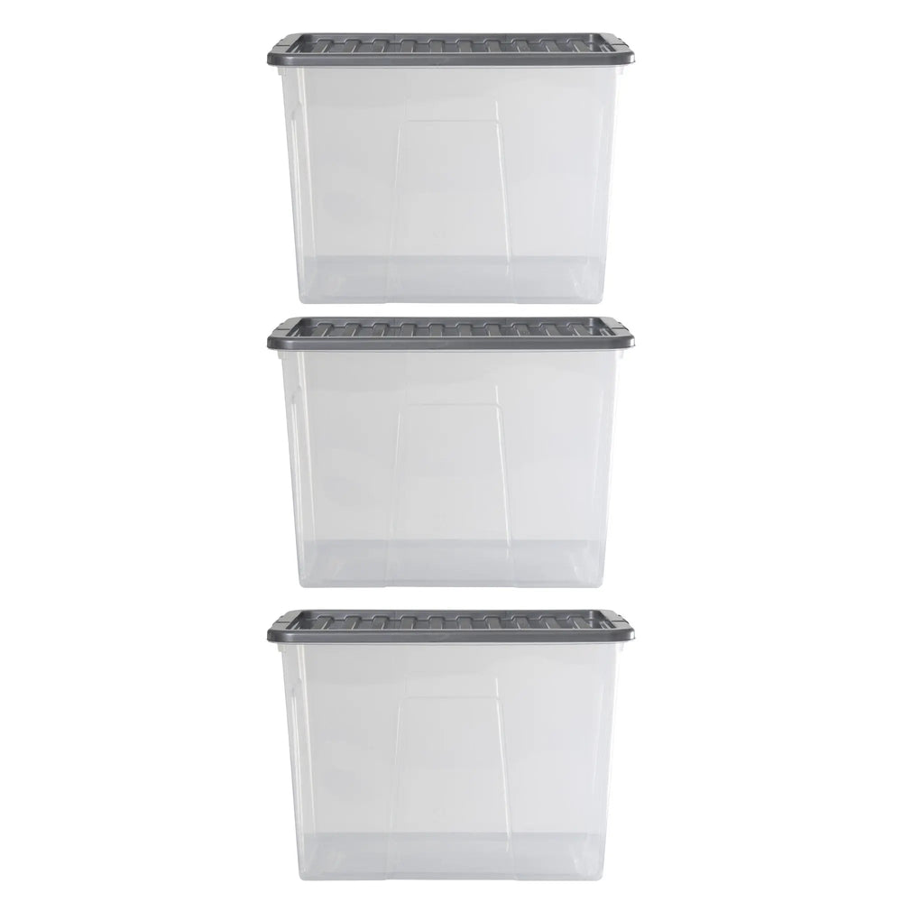 Pack of 3 - 80 Litre Crystal Boxes with Coloured Lids Wham Storage