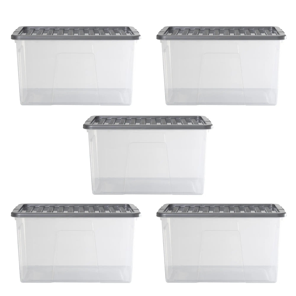 Pack of 5 - Large 60lt Crystal Boxes with Coloured Lids Wham Storage