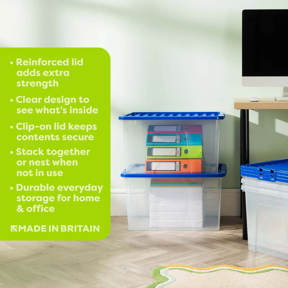 Pack of 4 - Large 60lt Crystal Boxes with Coloured Lids Wham Storage