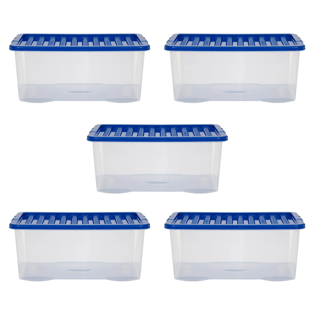 Pack of 5 - Large 45lt Crystal Boxes with Coloured Lids Wham Storage