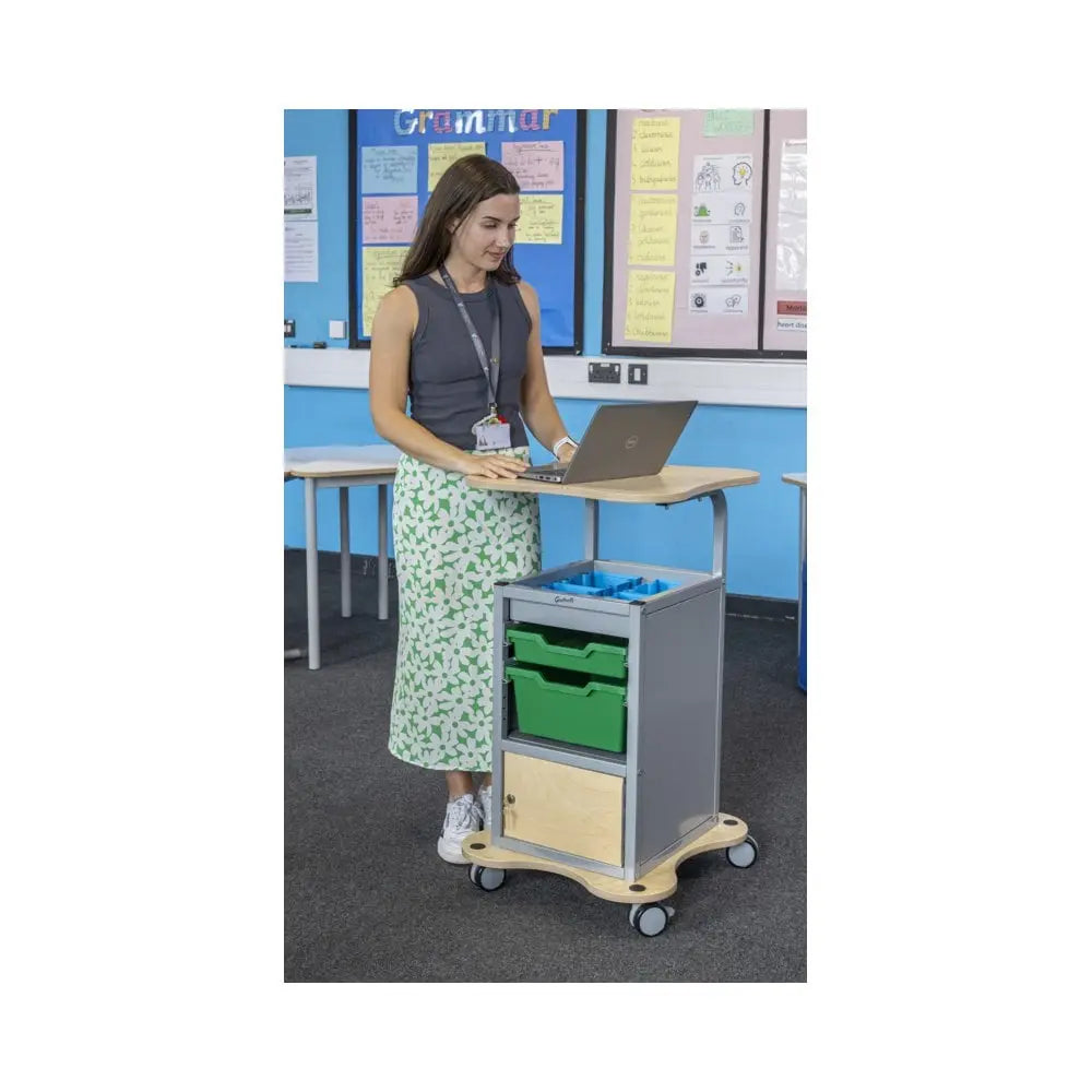 MyBASE® Silver Trolley with Lockable Cupboard and 1 Shallow & 1 Deep Tray Gratnells