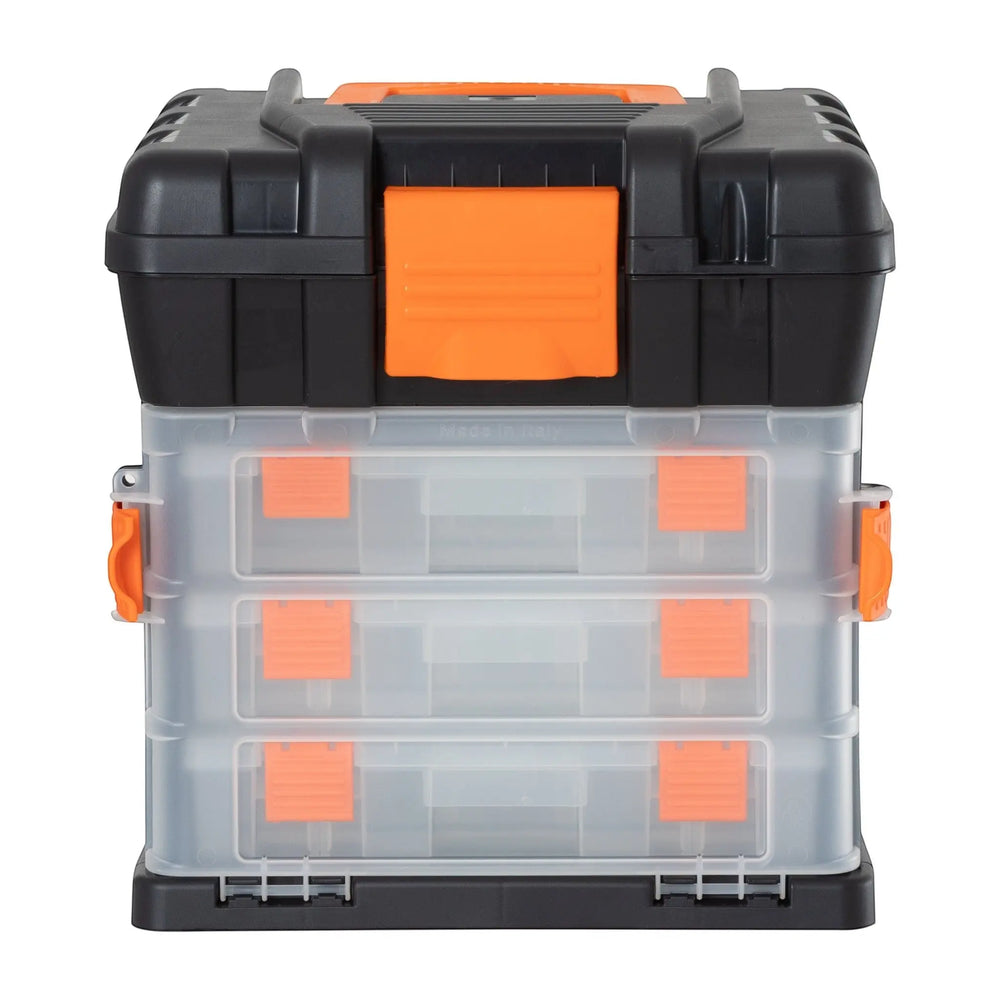 Plastic Box Shop 34cm black and orange plastic tool box with 4 clear organiser drawers and a main storage compartment.