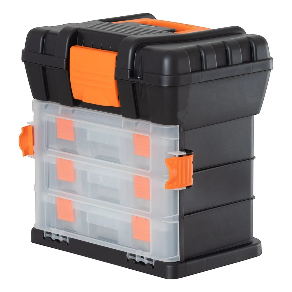 Plastic Box Shop 34cm black and orange plastic tool box with 4 clear organiser drawers and a main storage compartment.