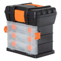 Plastic Box Shop 34cm black and orange plastic tool box with 4 clear organiser drawers and a main storage compartment.
