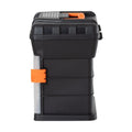 Plastic Box Shop black 34cm tool box with orange latch and grey handle, featuring stackable organisers and storage compartments.
