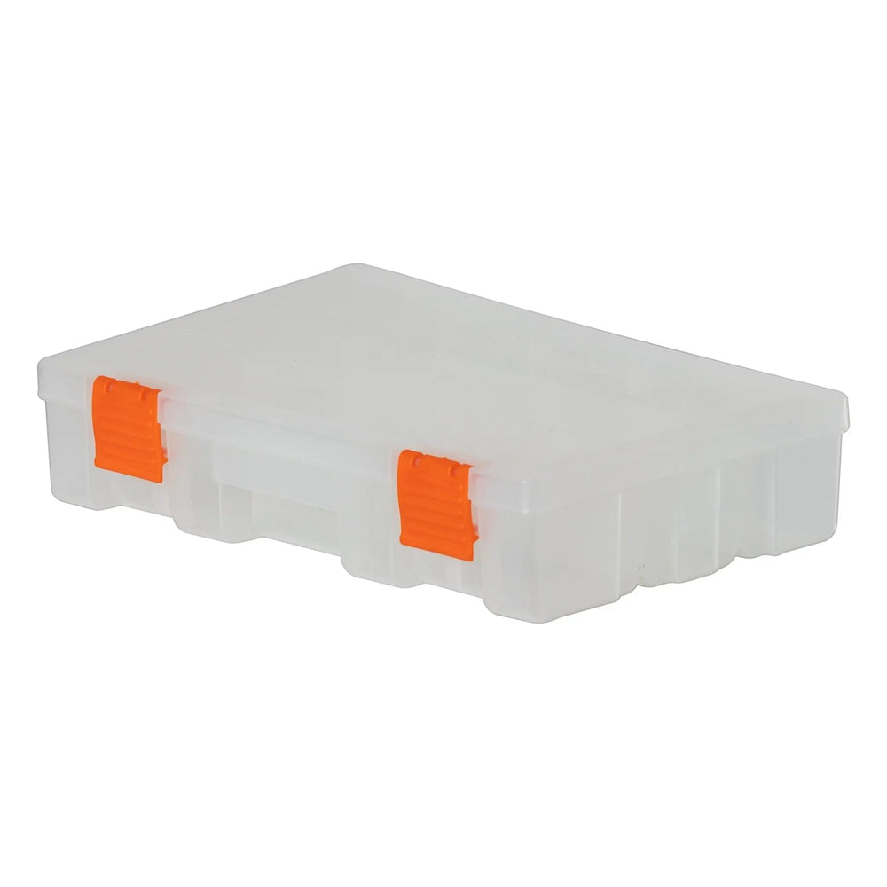 Plastic Box Shop 34cm clear plastic tool box with orange latches, featuring internal organisers and storage.