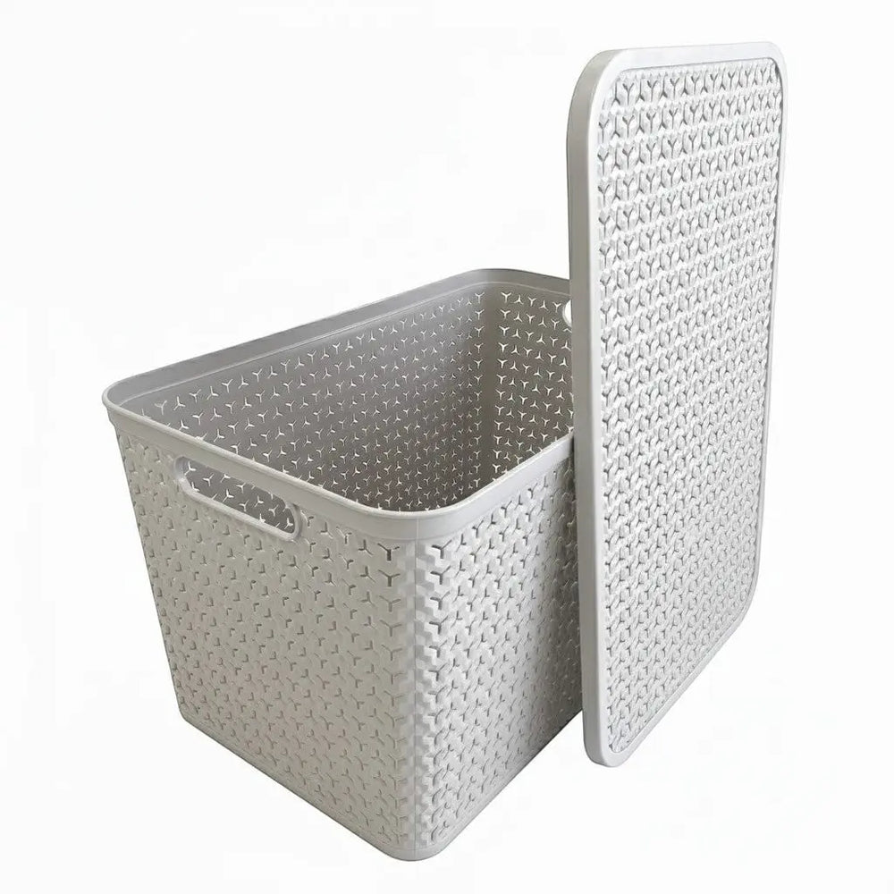Plastic Box Shop extra large grey storage basket with lid, featuring a woven-like texture and integrated handles.