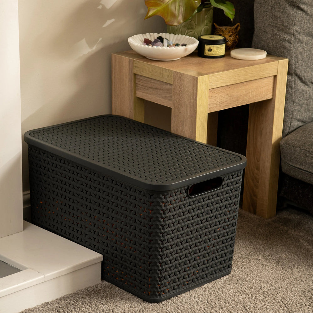 Plastic Box Shop extra large charcoal grey storage basket with lid and woven texture, featuring cut-out handles.