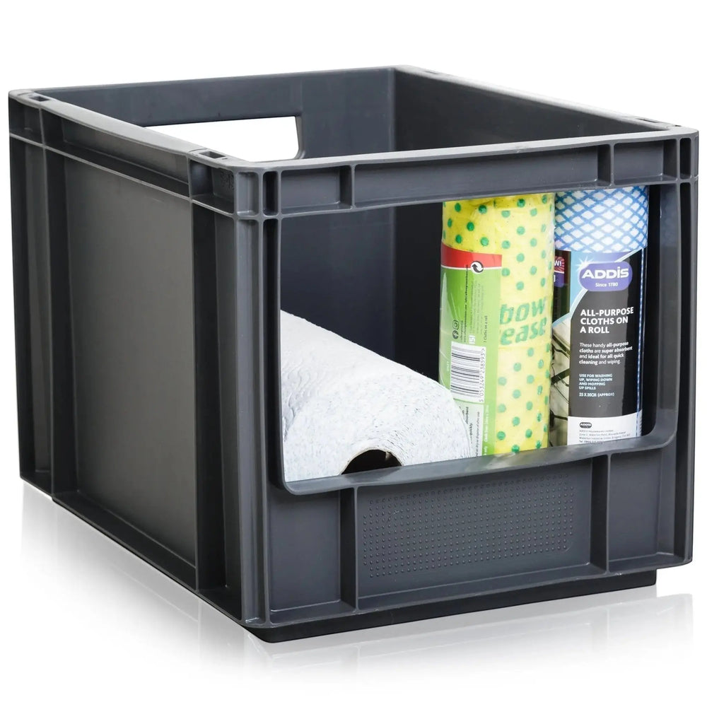 Plastic Box Shop dark grey open fronted plastic storage container with paper towels and cloths inside.