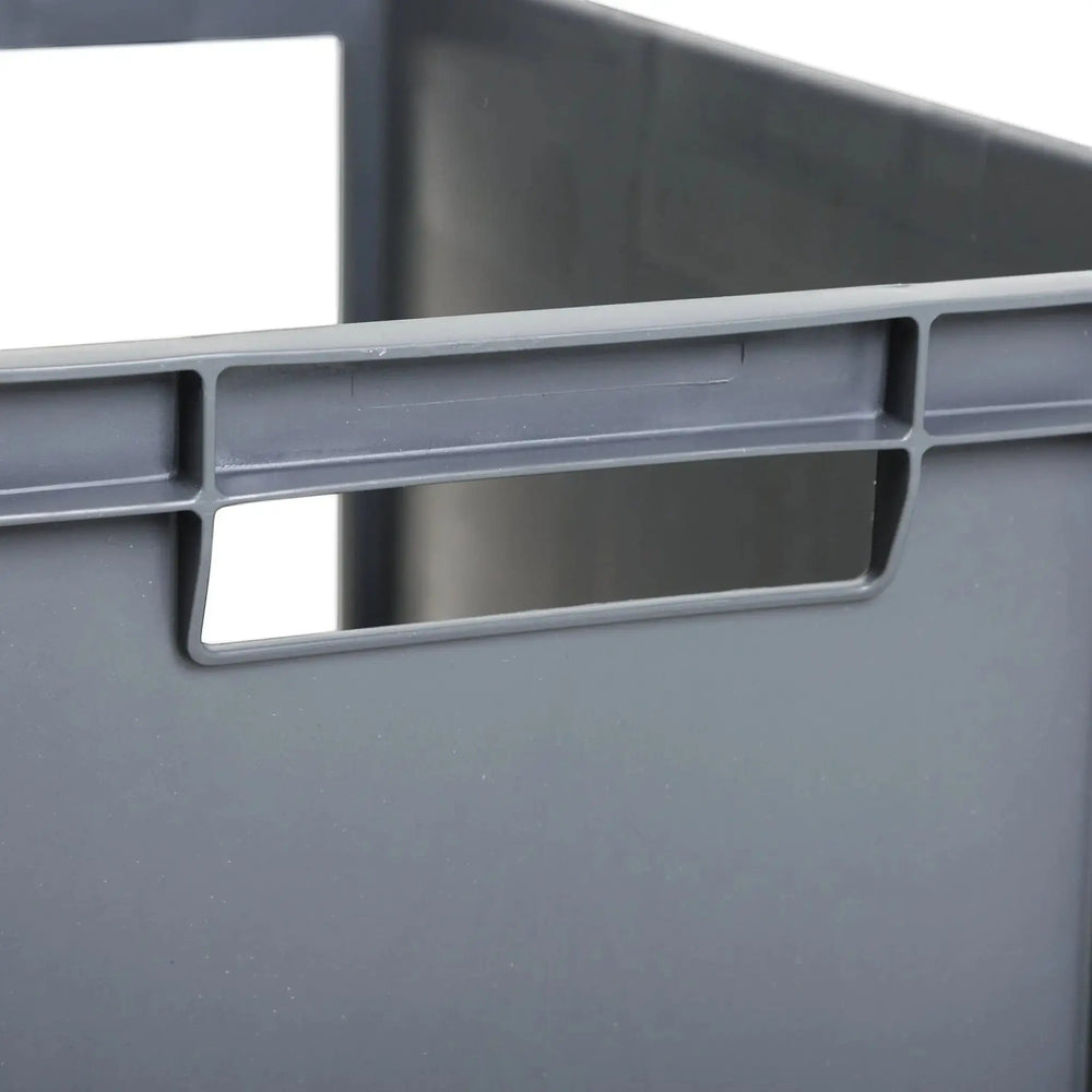 Plastic Box Shop grey 25 litre open fronted storage container with integrated handles.