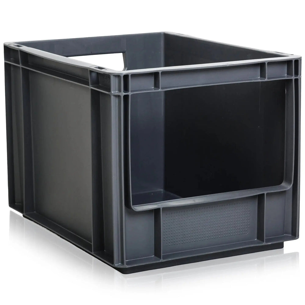 Plastic Box Shop dark grey 25 litre open fronted plastic storage container with reinforced edges and a cut-out front for easy access.