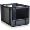 Plastic Box Shop dark grey 25 litre open fronted plastic storage container with reinforced edges and a cut-out front for easy access.