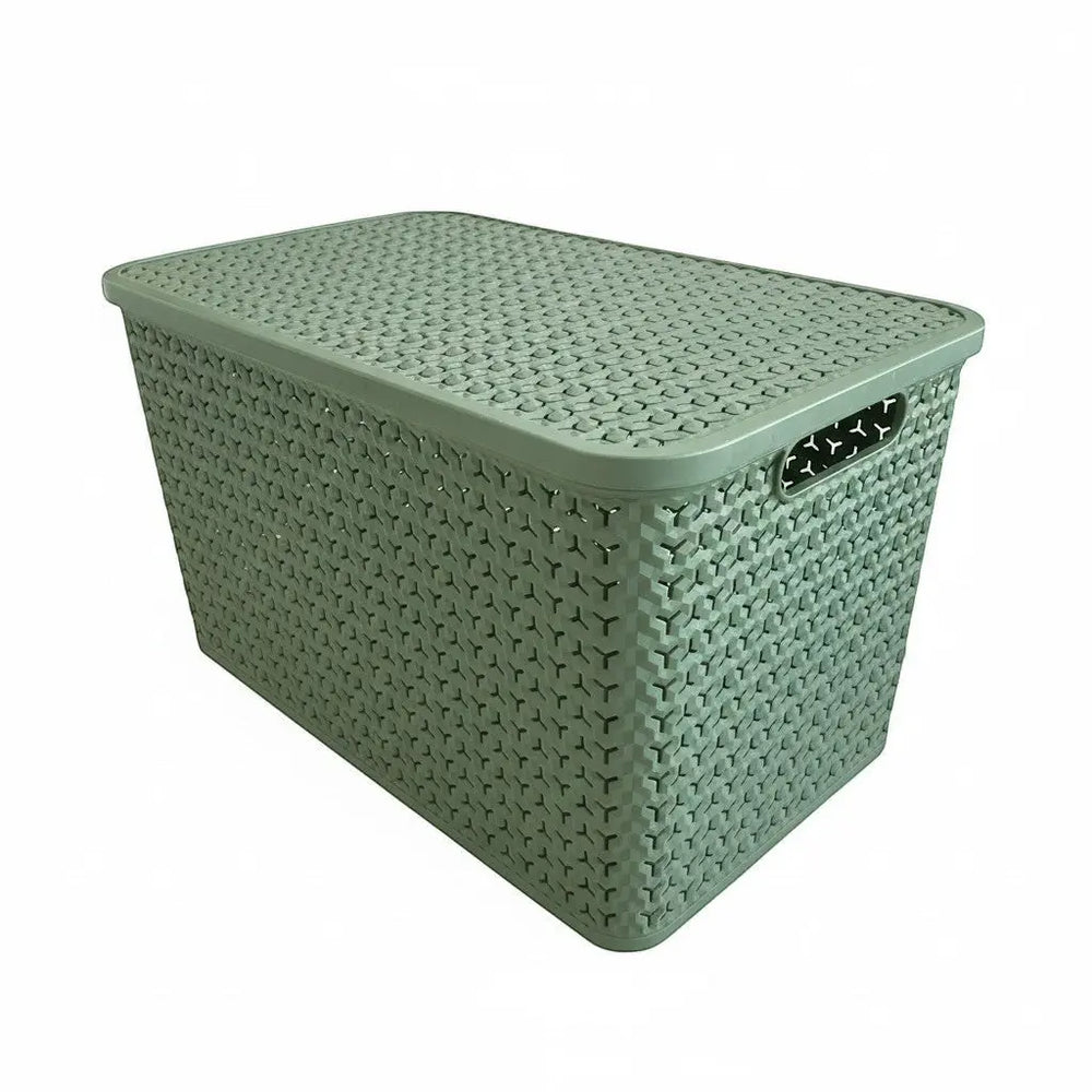 Plastic Box Shop extra large green storage basket with lid and cut-out handles, featuring a woven texture design.