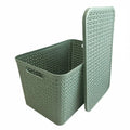 Plastic Box Shop extra large green storage basket with lid, woven texture, integrated handles, modern design.