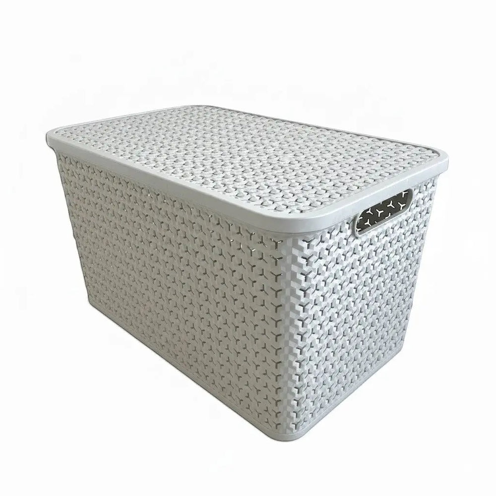 Plastic Box Shop extra large grey storage basket with lid and woven texture, featuring cut-out handles.