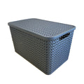 Plastic Box Shop extra large charcoal grey storage basket with lid and woven pattern, featuring cut-out handles.