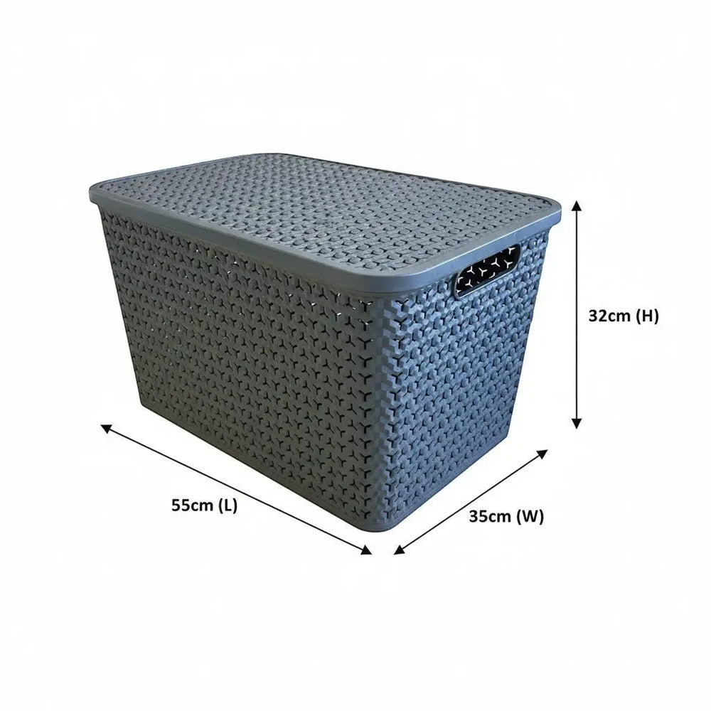 Plastic Box Shop extra large grey storage basket with lid and woven texture, 55cm L x 35cm W x 32cm H.