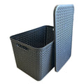 Plastic Box Shop extra large charcoal grey storage basket with lid, featuring a woven texture and cut-out handles.