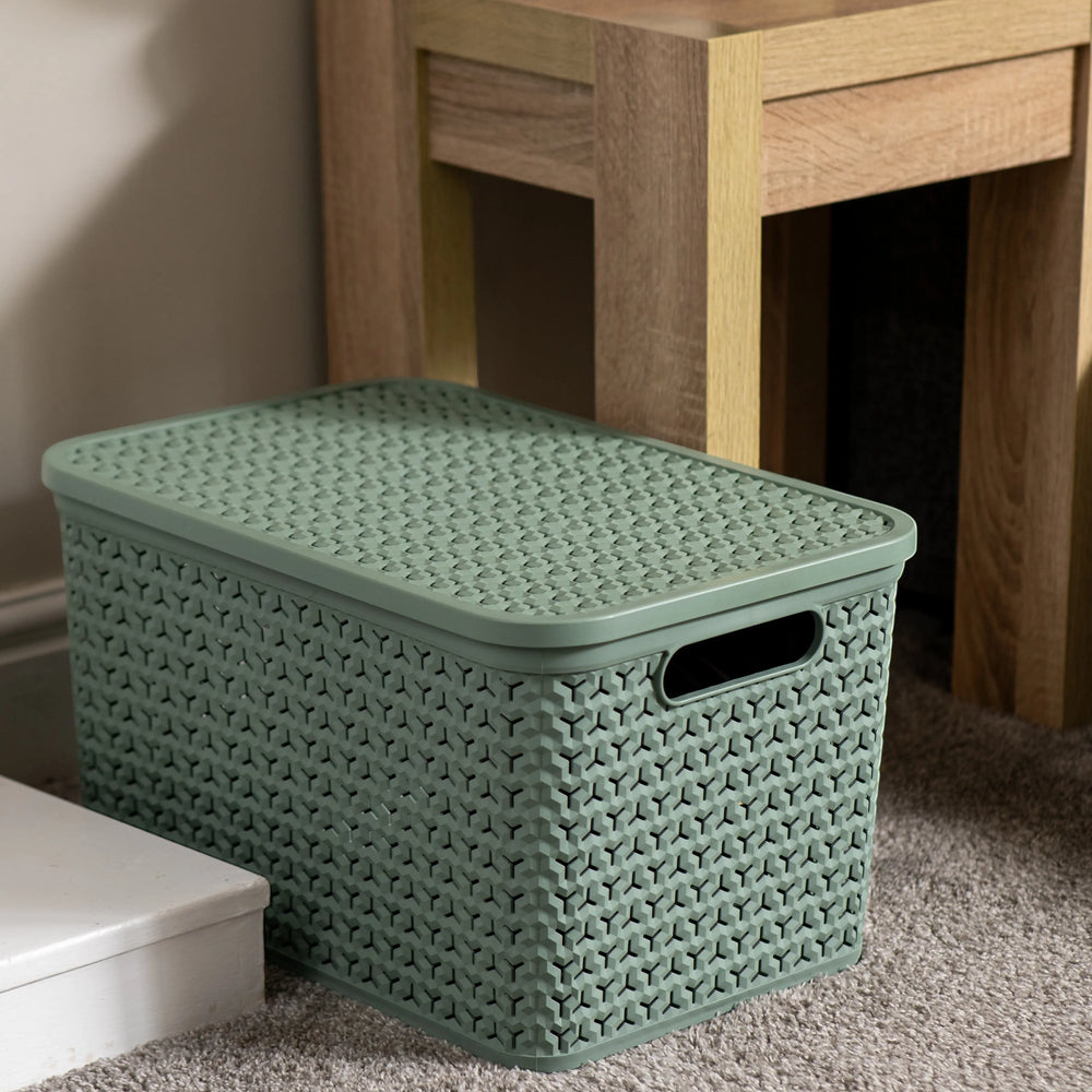 Plastic Box Shop extra large sage green storage basket with lid and textured pattern, featuring cut-out handles.